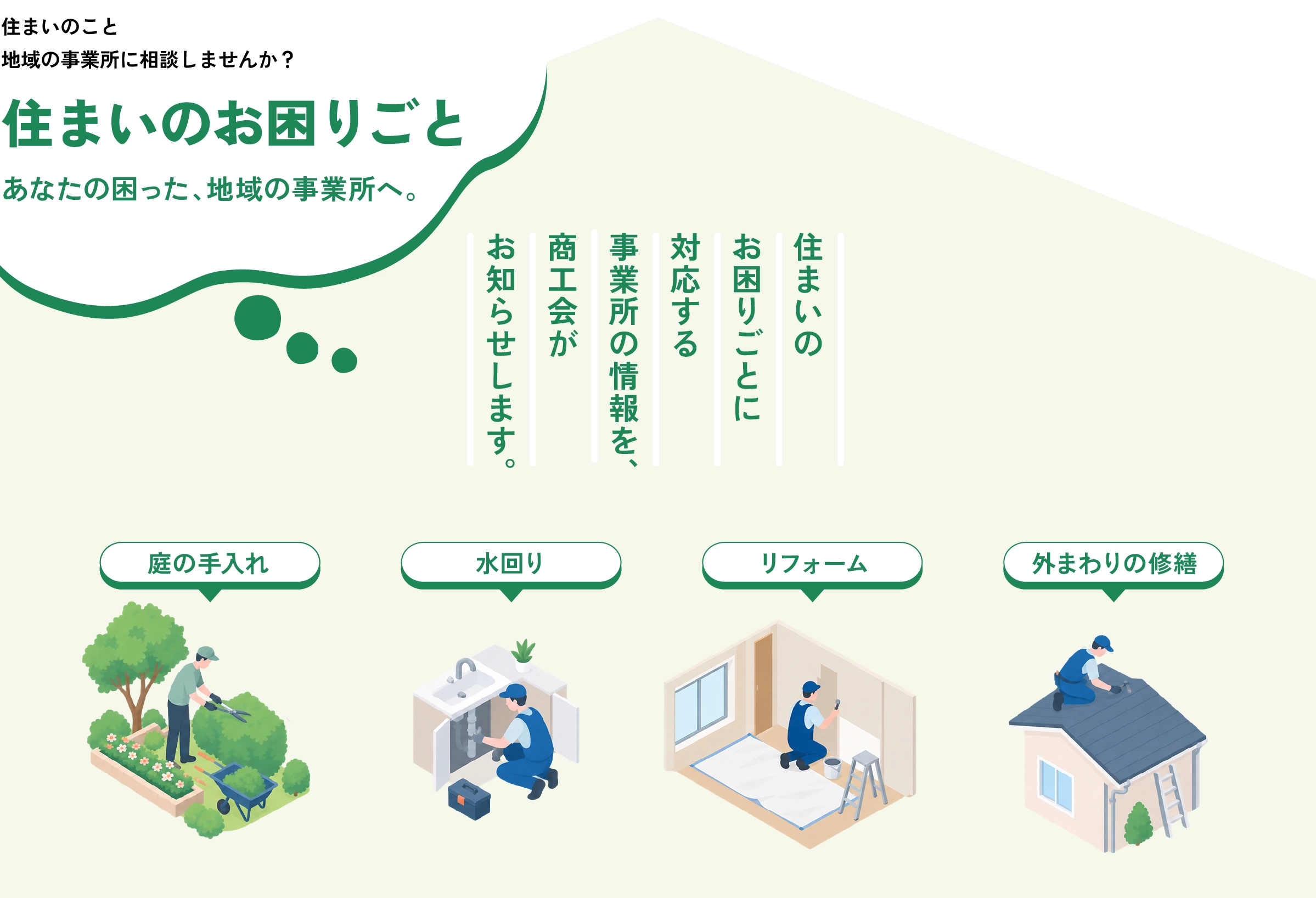 住まいのお困りごと　あなたの困った、地域の事業所へ。住まいのお困りごとに対応する事業所の情報を、商工会がお知らせします。（庭の手入れ・水回り・リフォーム・外まわりの修繕）